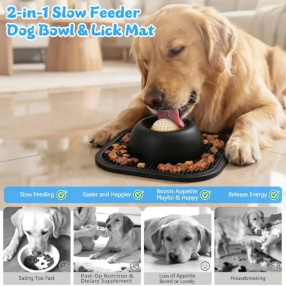 Slow Feeder Dog Bowl With Interactive Rolling Ball Lick Mat