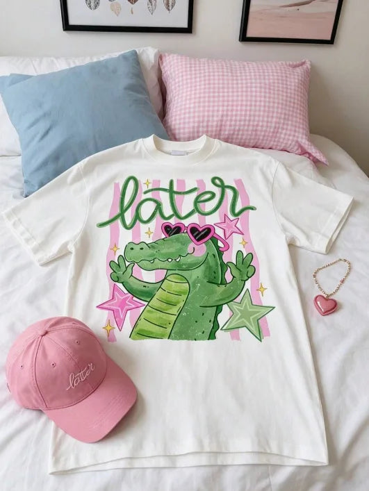 Women's Vintage Cotton Crocodile Print Graphic T-Shirt
