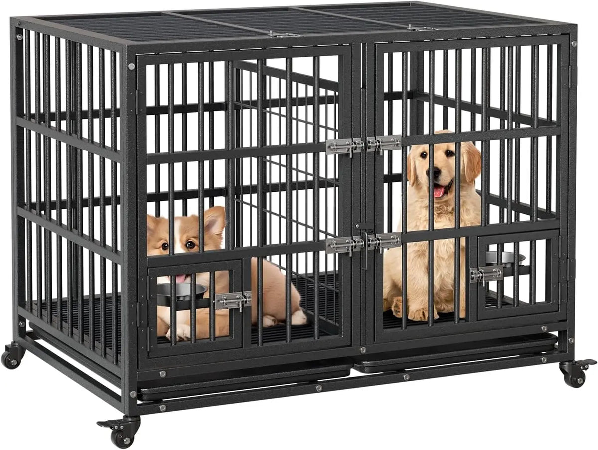Garvee Heavy Duty Metal Dog Crate Featuring Double Doors And Wheels