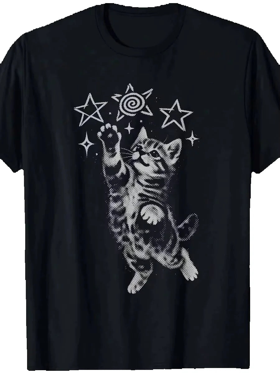Y2K Cat Graphic Cotton Tee For Men Soft Casual Top