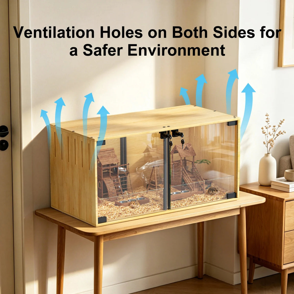Wooden Pet Cage With Tempered Glass Panels And Divider