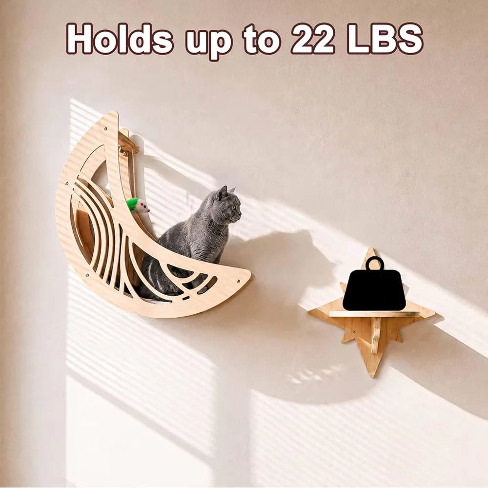 CWV Pine Wood Wall Mounted Cat Shelves With Moon Hammock
