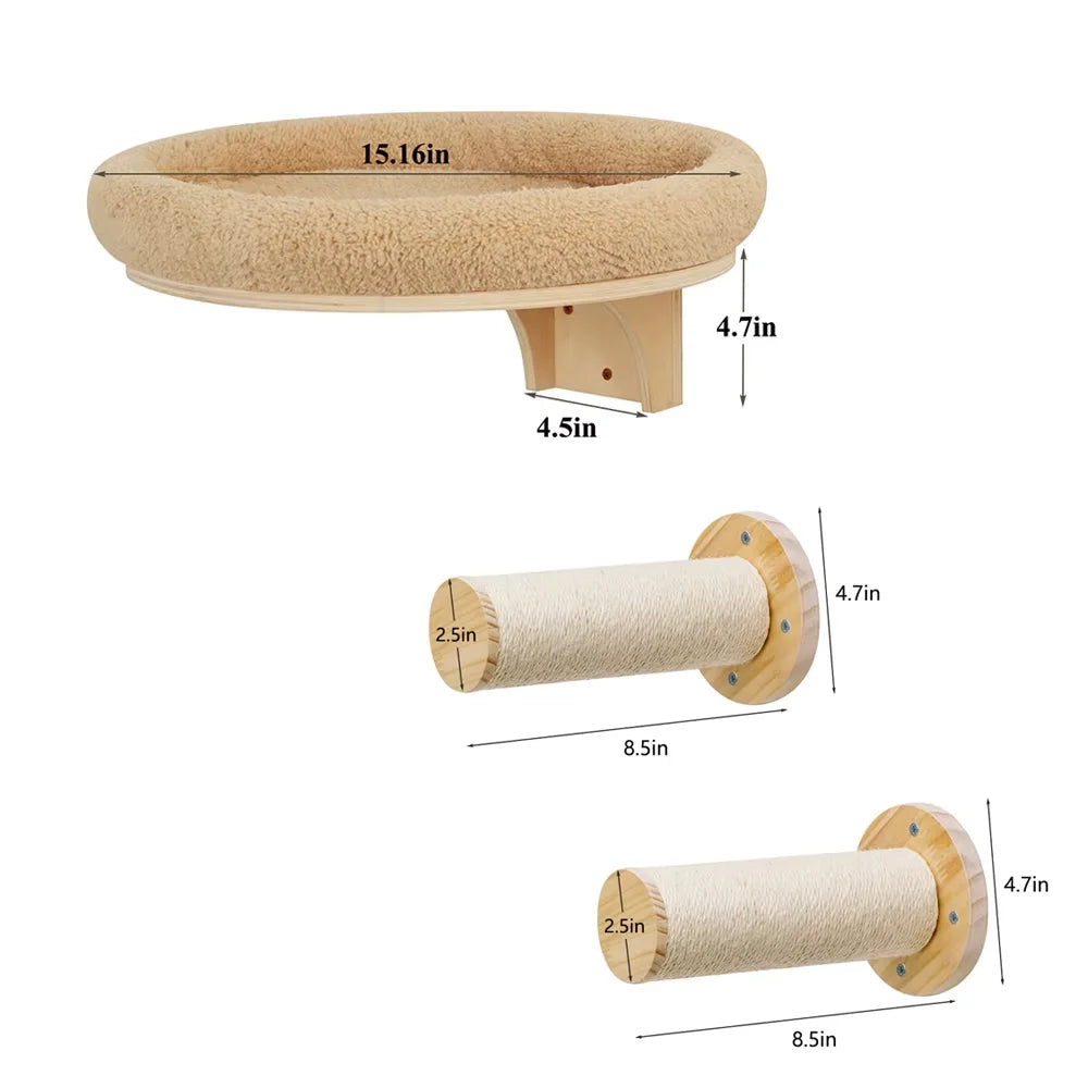 CWV Wall Mounted Solid Wooden Cat Hammock With Scratching Post