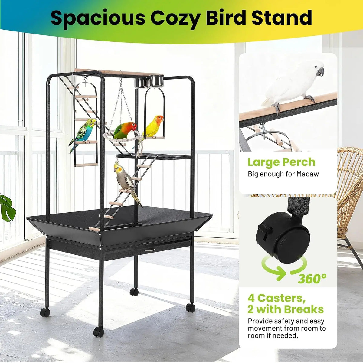 Premium Rolling Bird Play Stand With Seed Guard And Wheels