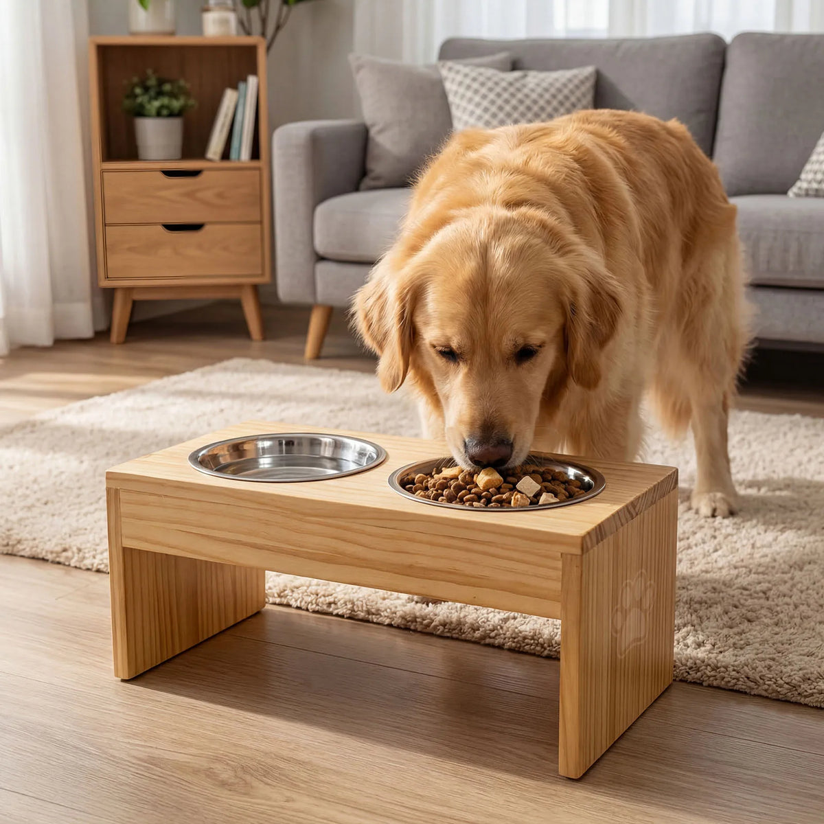 Wooden Raised Dog Bowls With Stainless Steel Double Pet Feeders