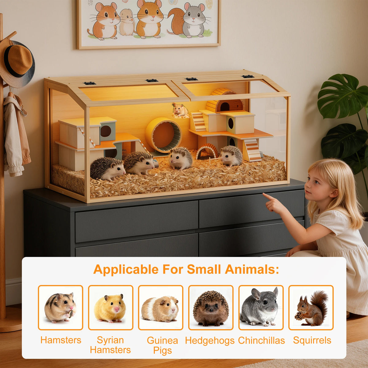 Sturdy Wooden Hamster Cage With Secure Glass Viewing Panels