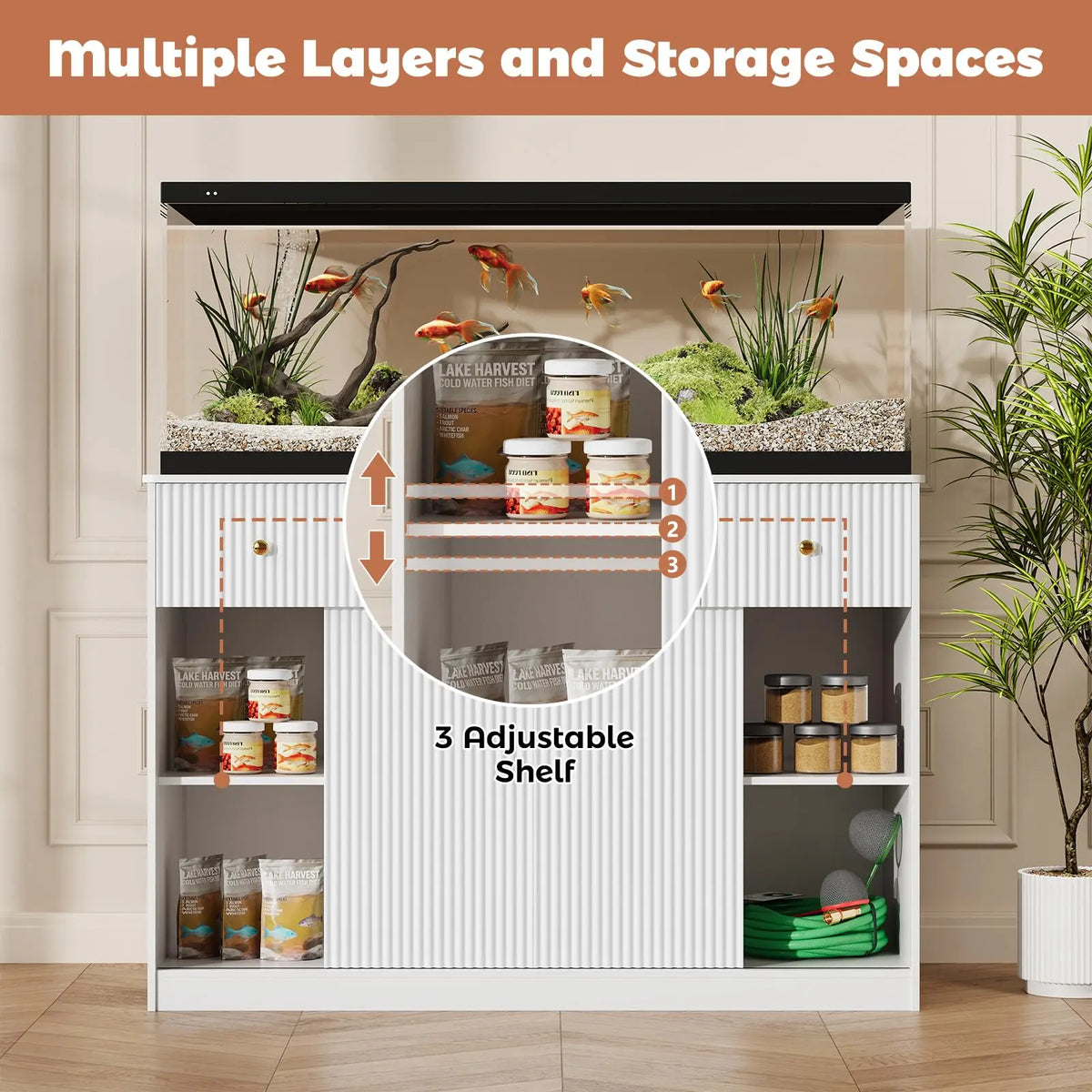 Modern Aquarium Stand With Integrated Lighting And Storage Units