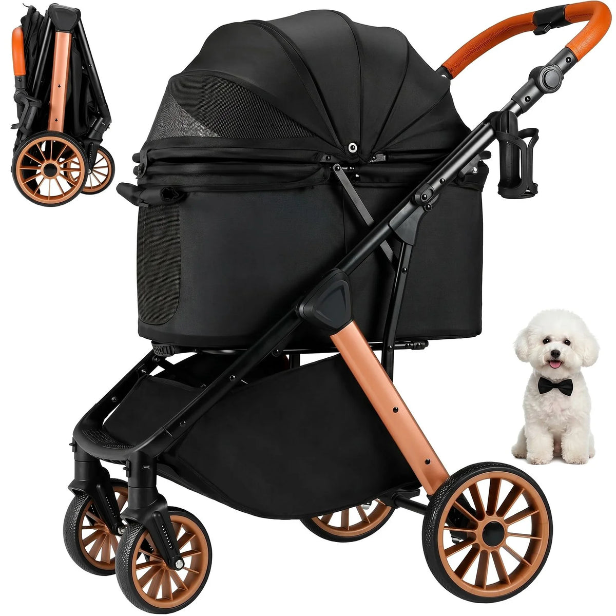 Foldable Pet Stroller With Adjustable Sun Shade And Shock Absorbers