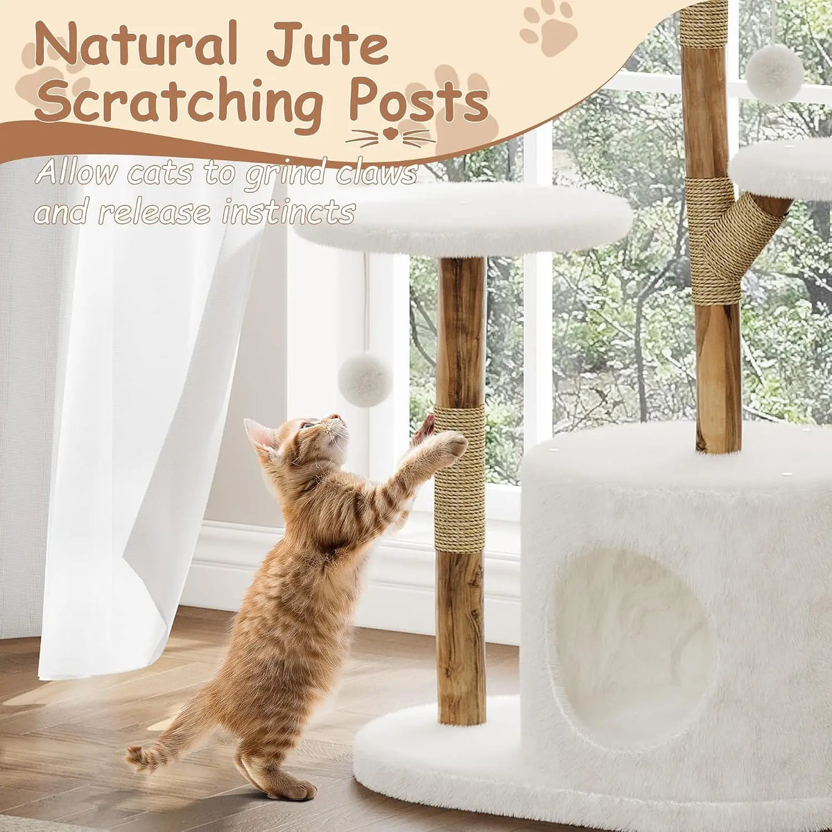 HiMISS Wooden Cat Tree With Woven Basket And Sisal Posts