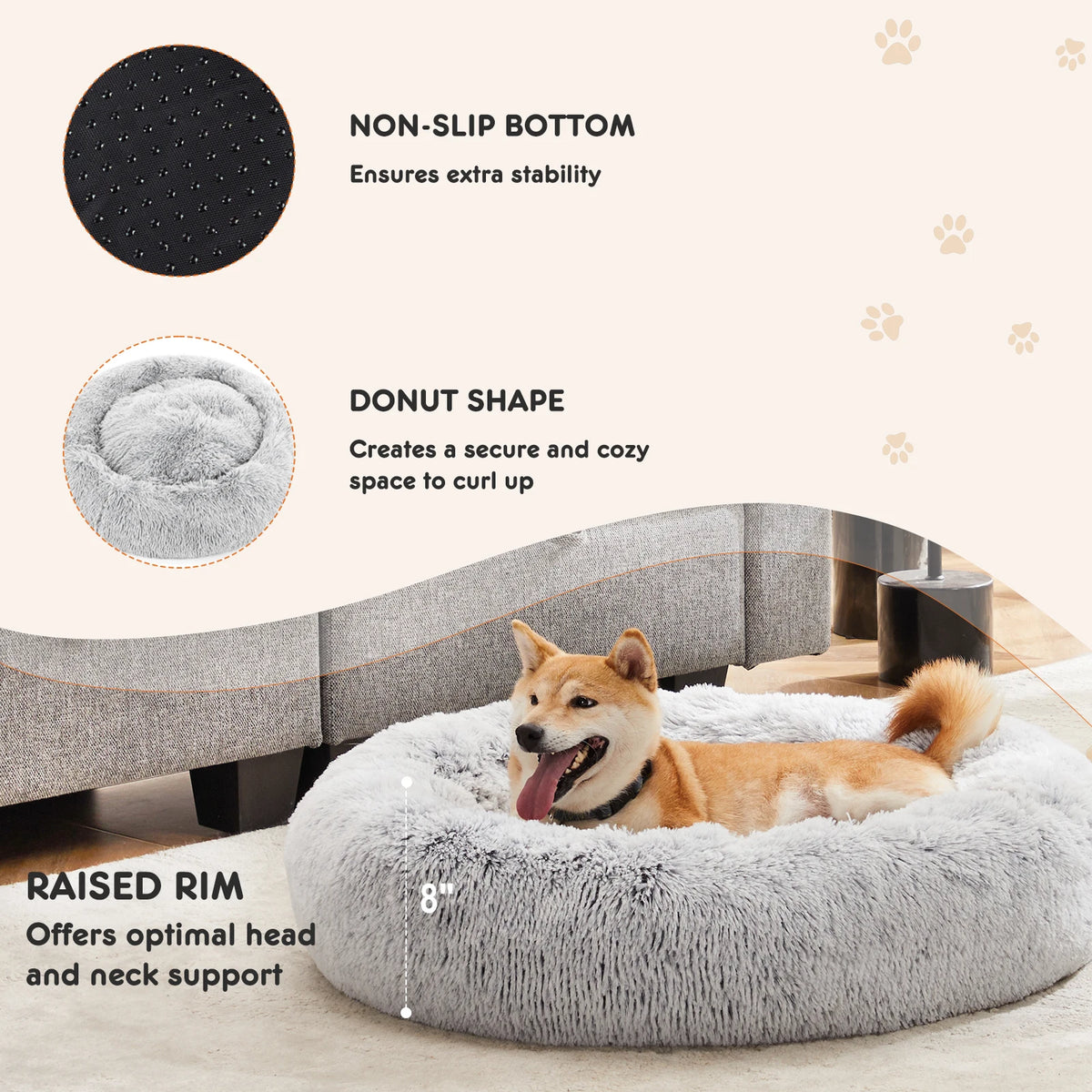 JHK Round Plush Faux Fur Calming Dog Bed Antiskid Bottom