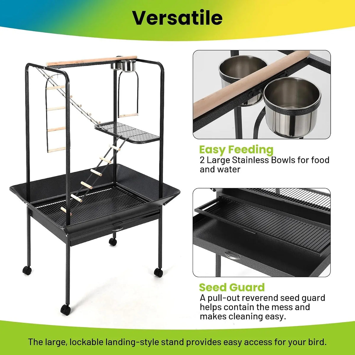 Premium Rolling Bird Play Stand With Seed Guard And Wheels