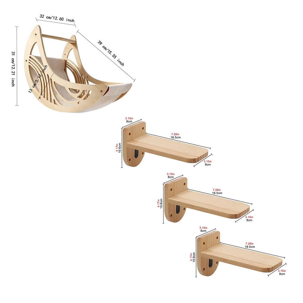 CWV Pine Wood Wall Mounted Cat Shelves With Moon Hammock