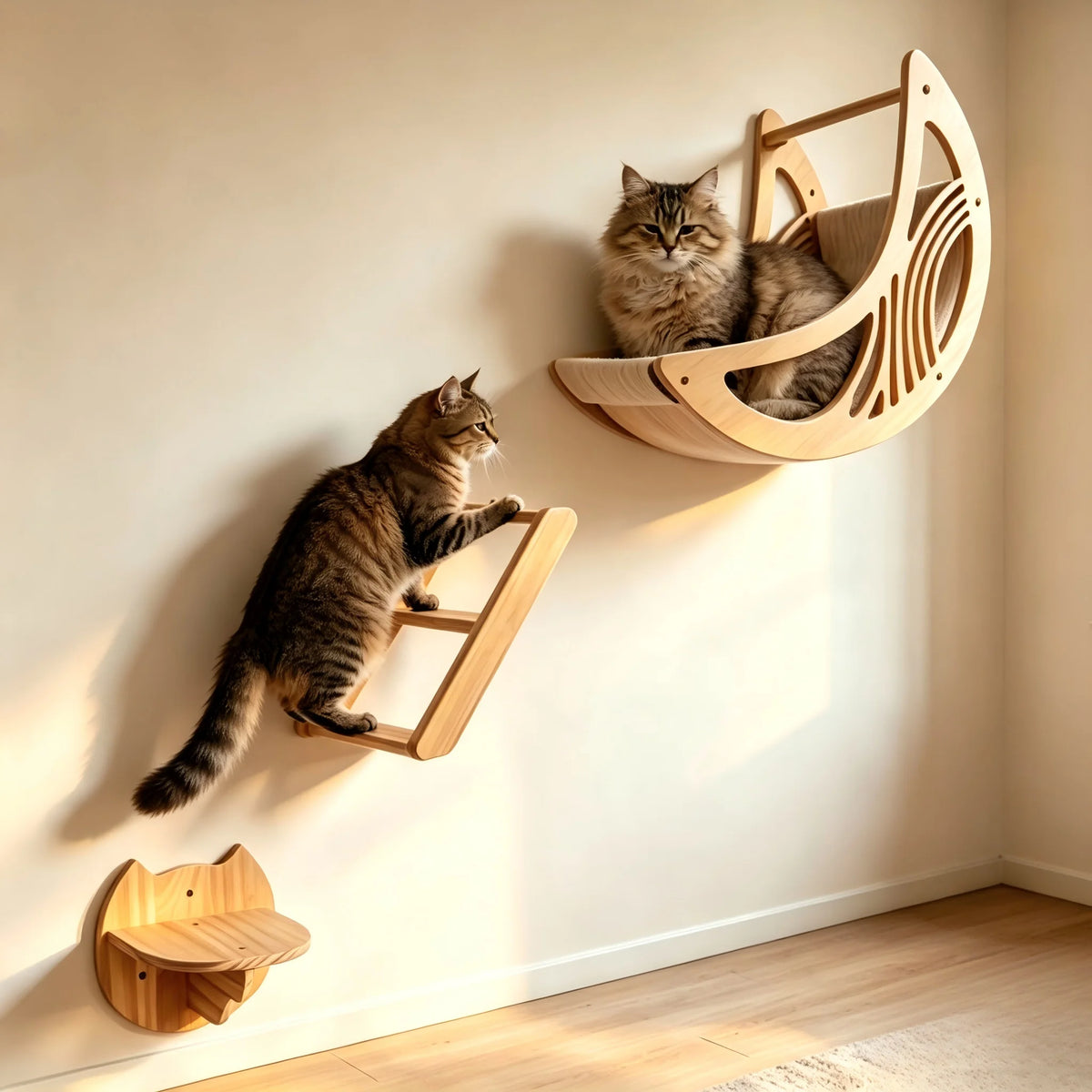 CWV Pine Wood Wall Mounted Cat Shelves With Moon Hammock