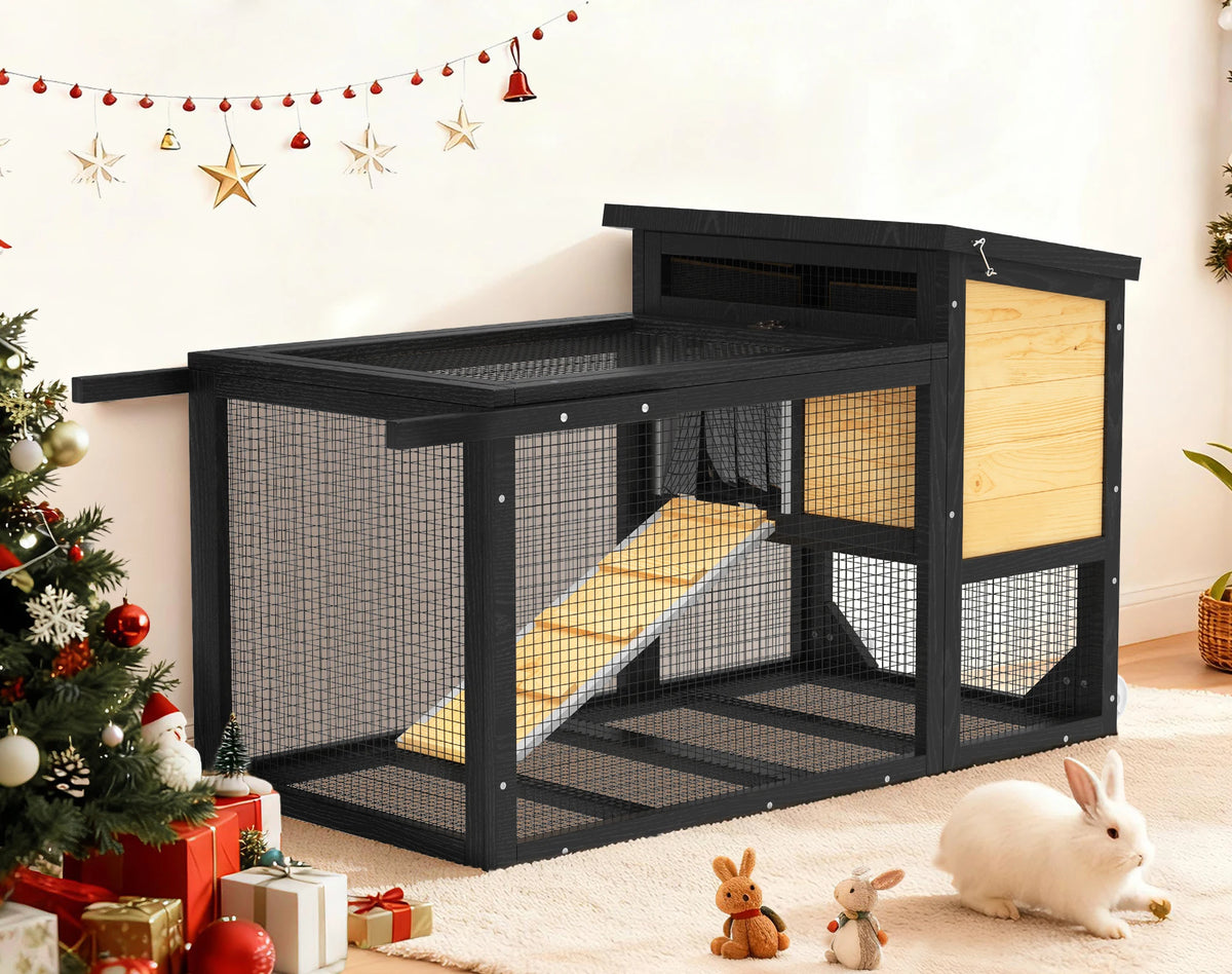 Outdoor Wooden Rabbit Hutch With Pull Out Tray And Wheels
