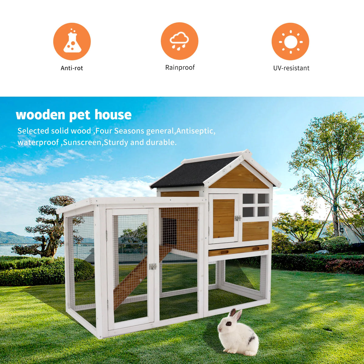 Deluxe Two Story Wooden Rabbit Hutch With Secure Locking Doors