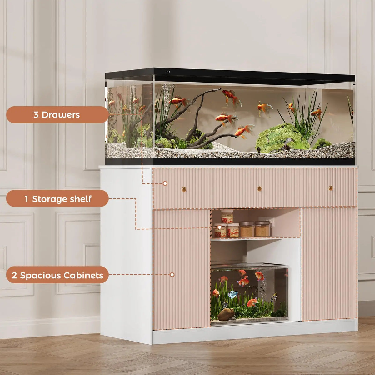 Modern Aquarium Stand With Integrated Lighting And Storage Units
