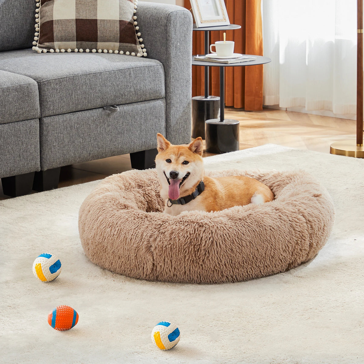 JHK Round Plush Faux Fur Calming Dog Bed Antiskid Bottom