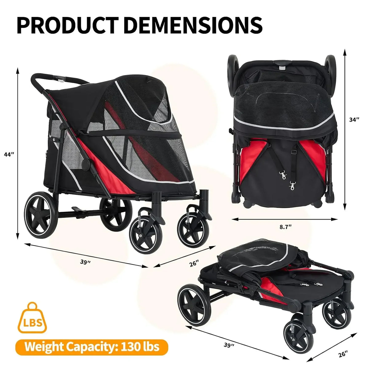 Garvee Heavy Duty Foldable Dog Stroller With Mesh Storage Basket