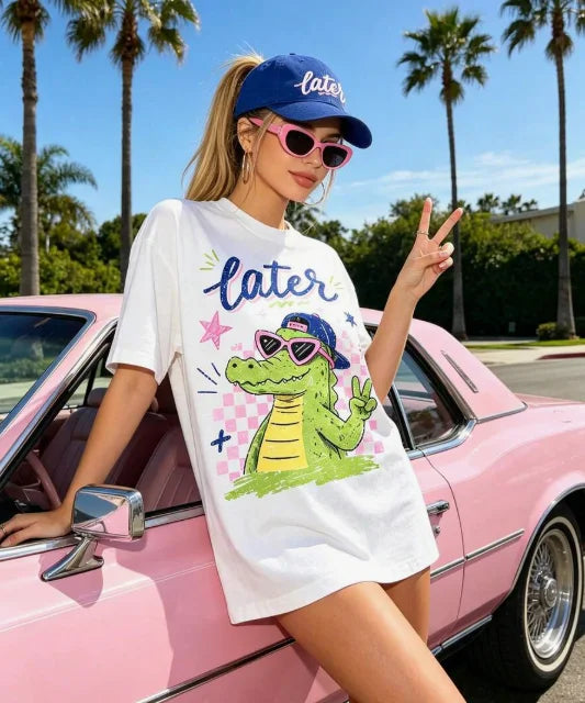 Women's Vintage Cotton Crocodile Print Graphic T-Shirt