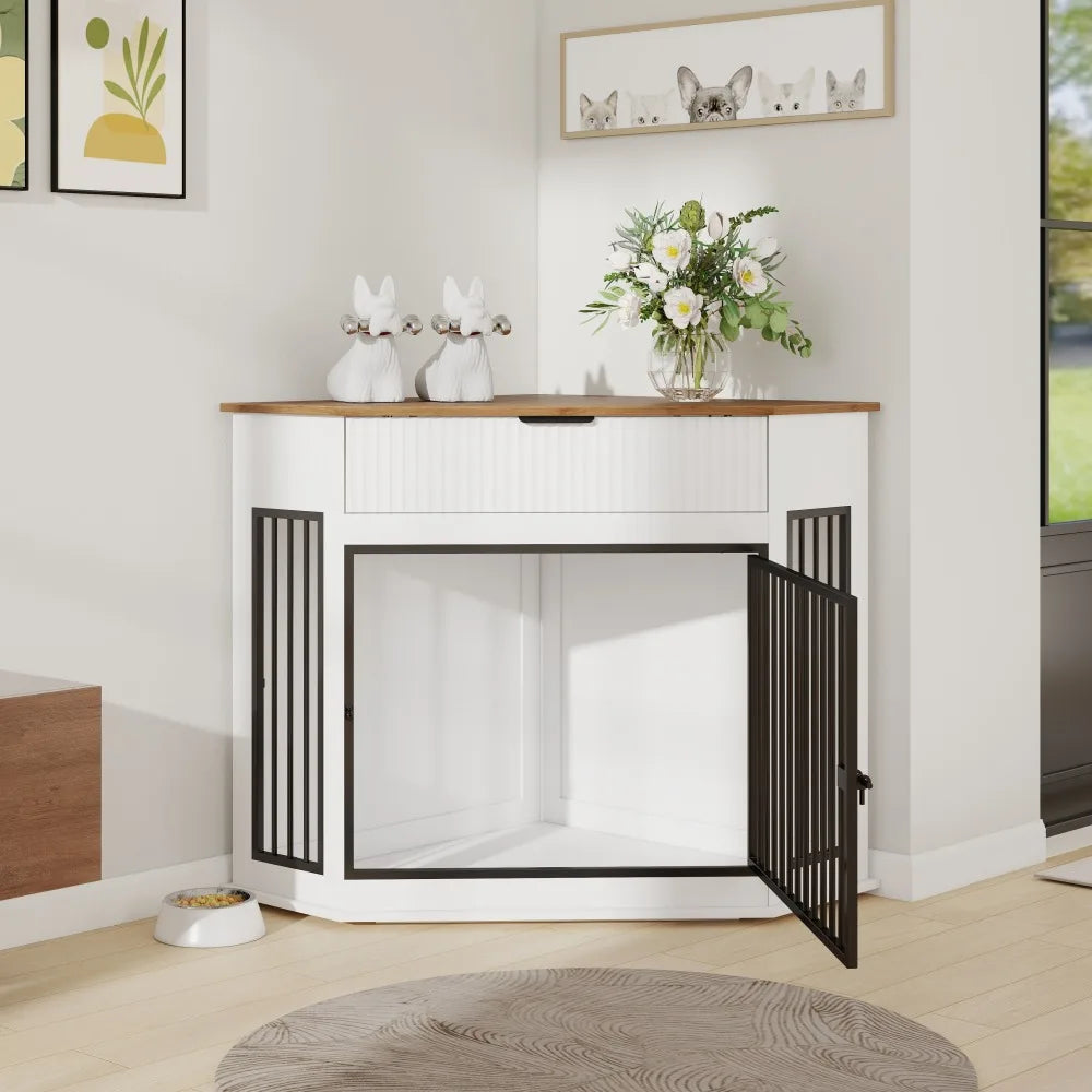 Decorative Dog Crate Furniture Cabinet With Fluted Drawer Storage