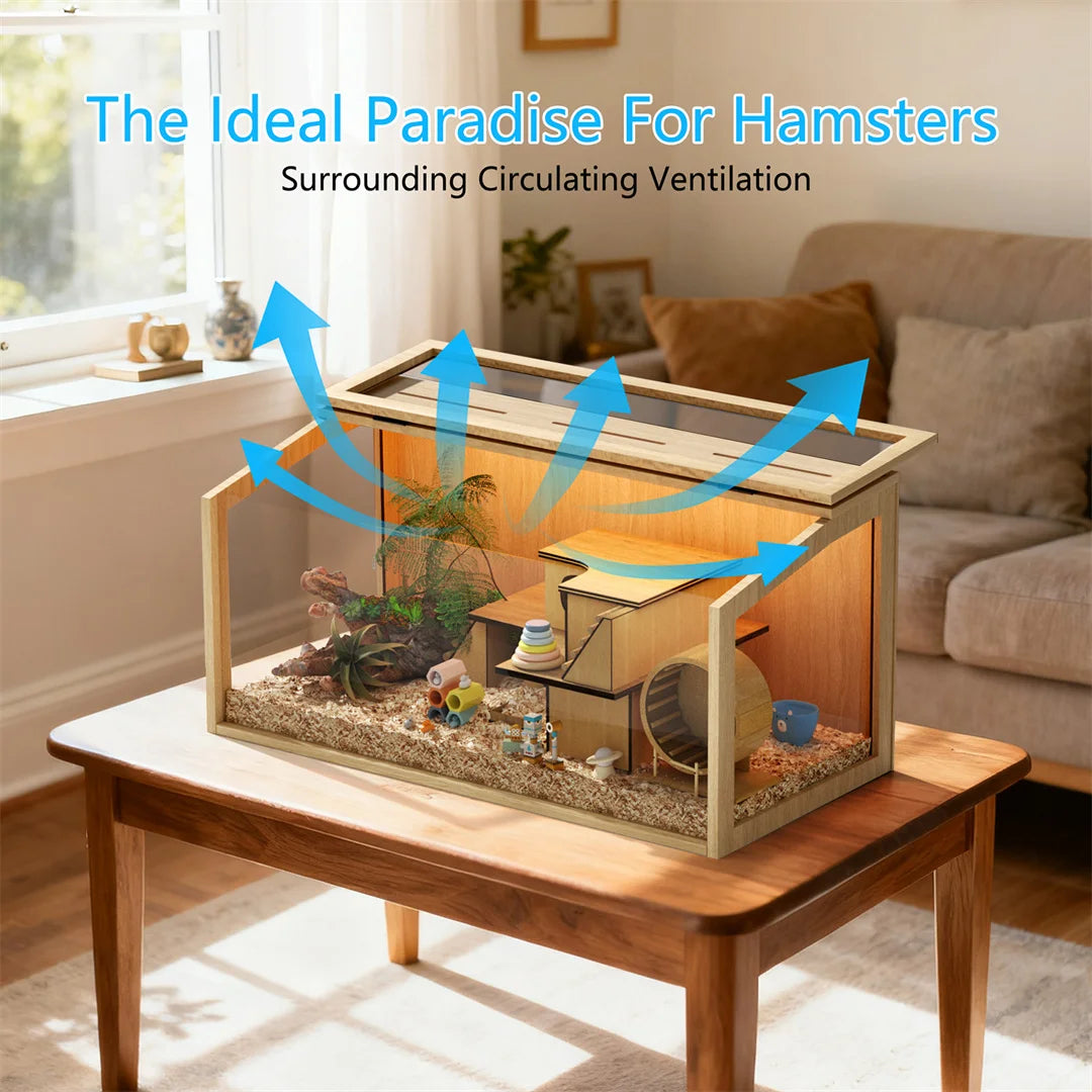 Sturdy Wooden Hamster Cage With Secure Glass Viewing Panels