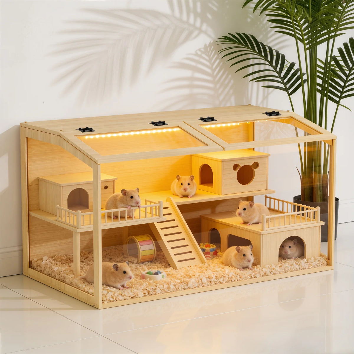 Natural Wooden Hamster Cage With Dual Door And LED Light