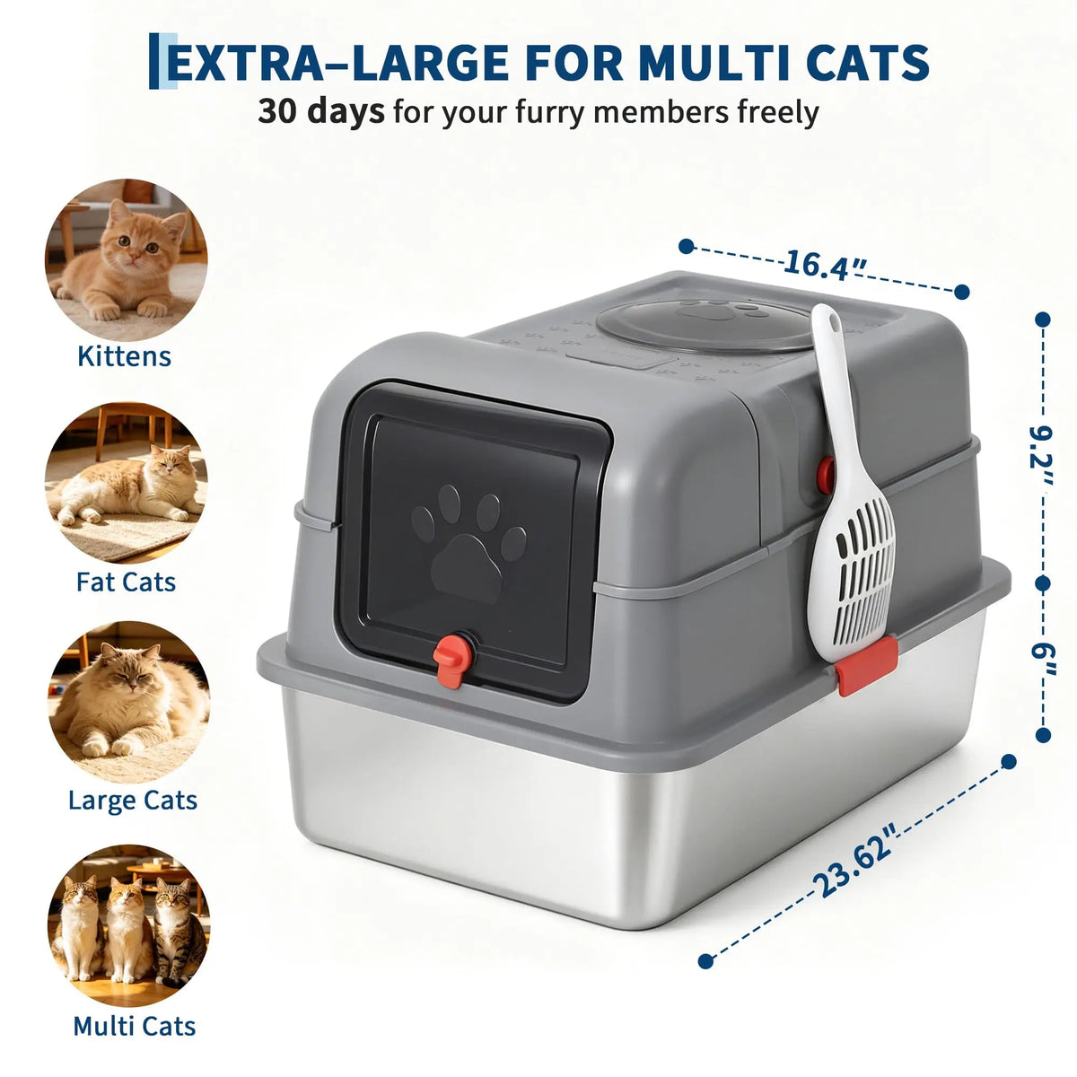 Studyset Stainless Steel Enclosed Cat Litter Box With Lid Scoop