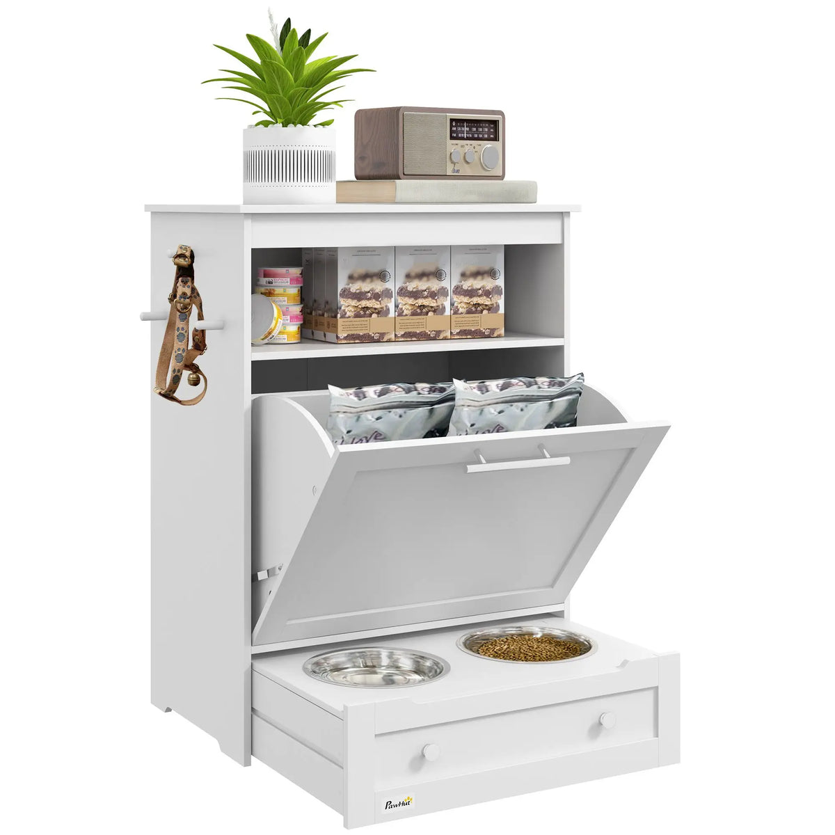 Wood Dog Feeder Station With Storage And Two Raised Bowls