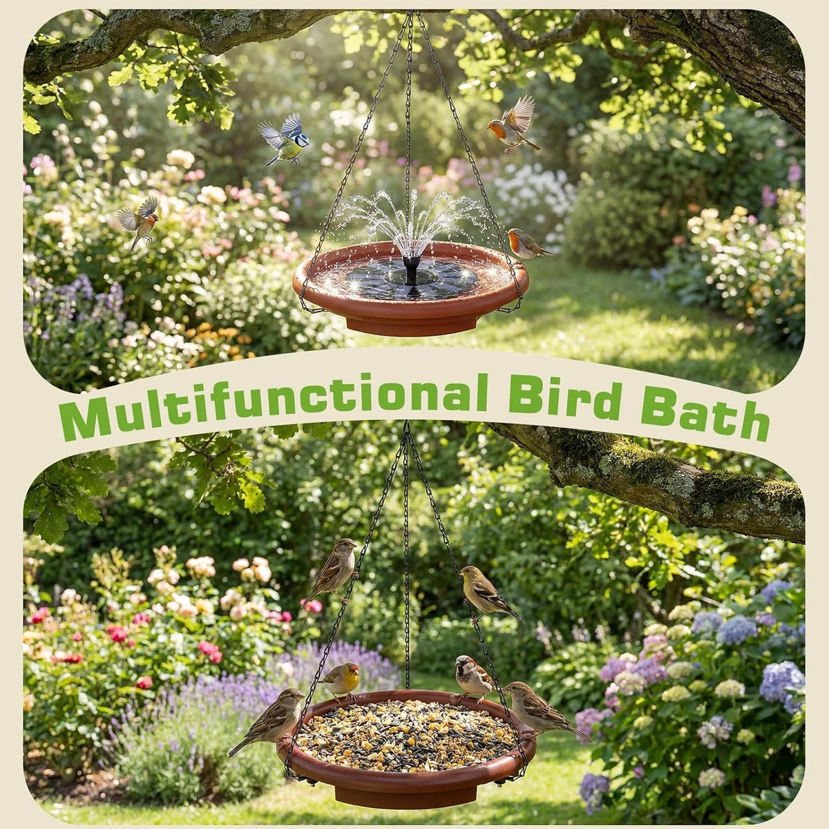 Hanging Solar Bird Bath With Integrated Fountain And Stepping Rungs