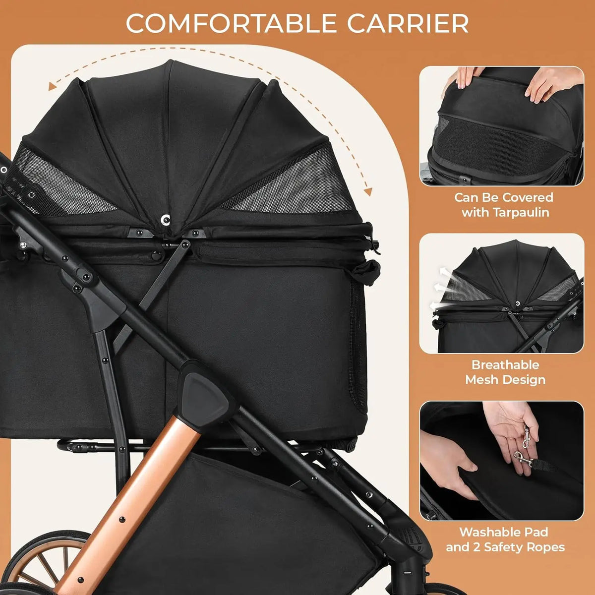 Foldable Pet Stroller With Adjustable Sun Shade And Shock Absorbers