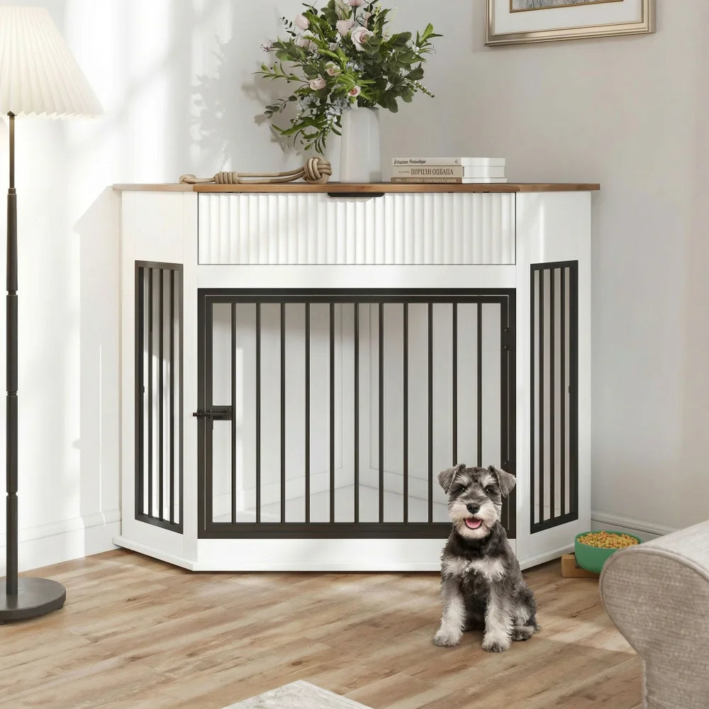 Decorative Dog Crate Furniture Cabinet With Fluted Drawer Storage