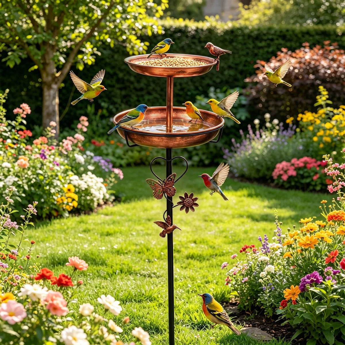 Two Tier Copper Metal Bird Bath For Garden Yard Decor