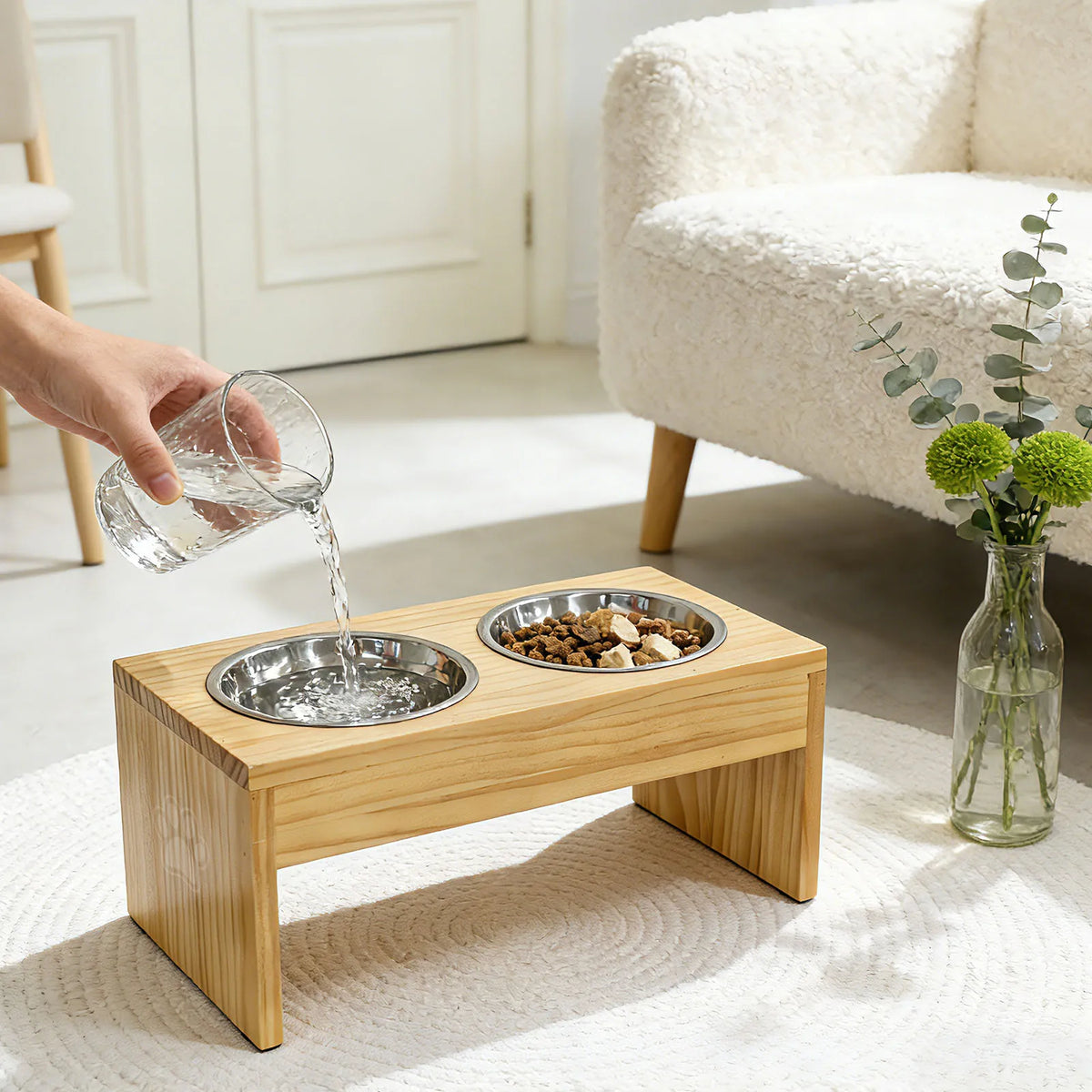 Wooden Raised Dog Bowls With Stainless Steel Double Pet Feeders