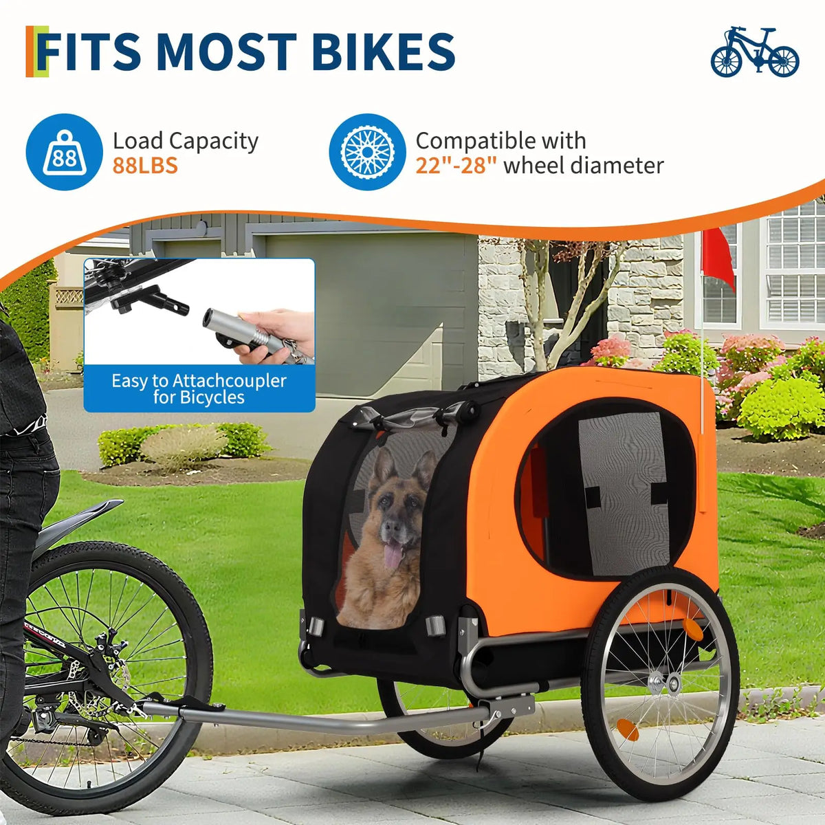 Foldable Dog Bike Trailer With Quick Release Wheels And Canopy