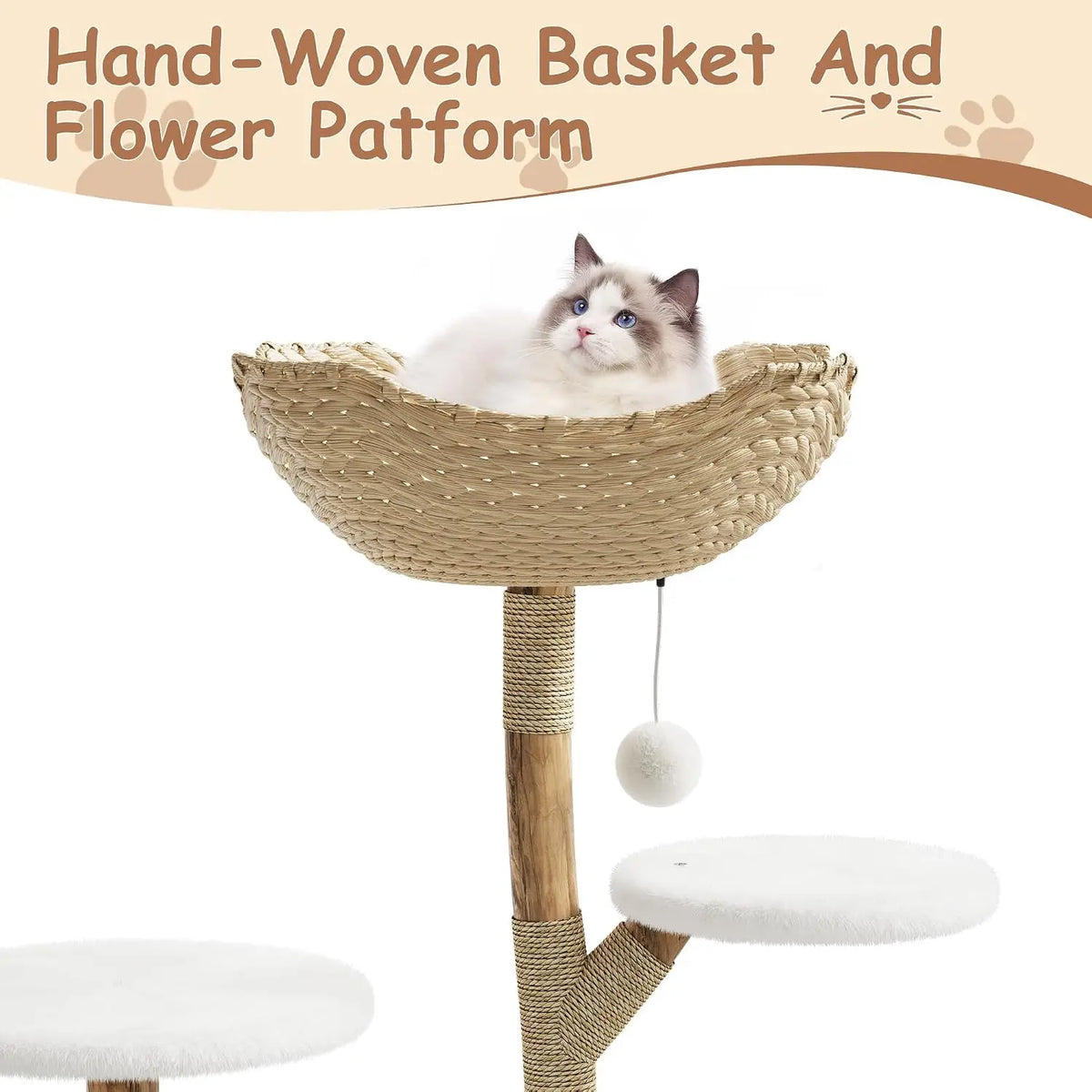 HiMISS Wooden Cat Tree With Woven Basket And Sisal Posts