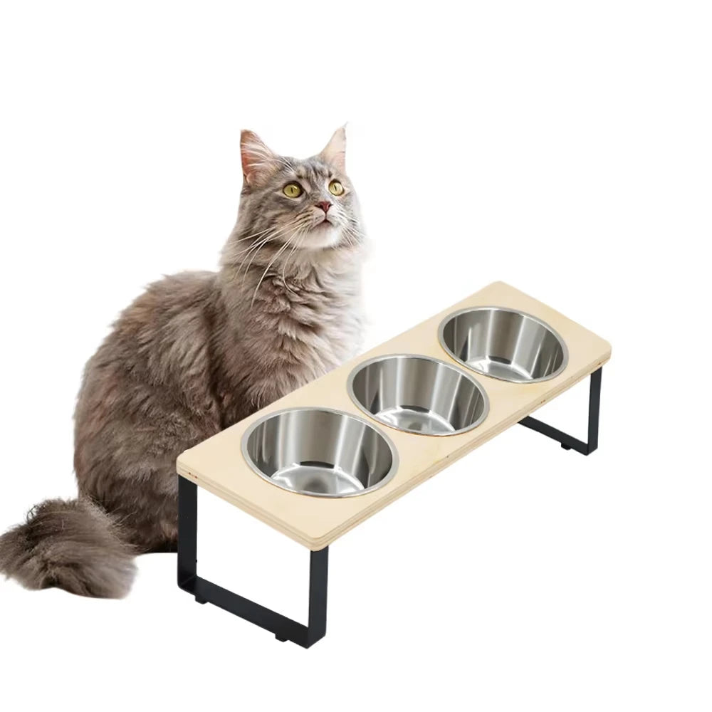 Elevated Cat Feeder With Stainless Steel Bowls And Bamboo Stand