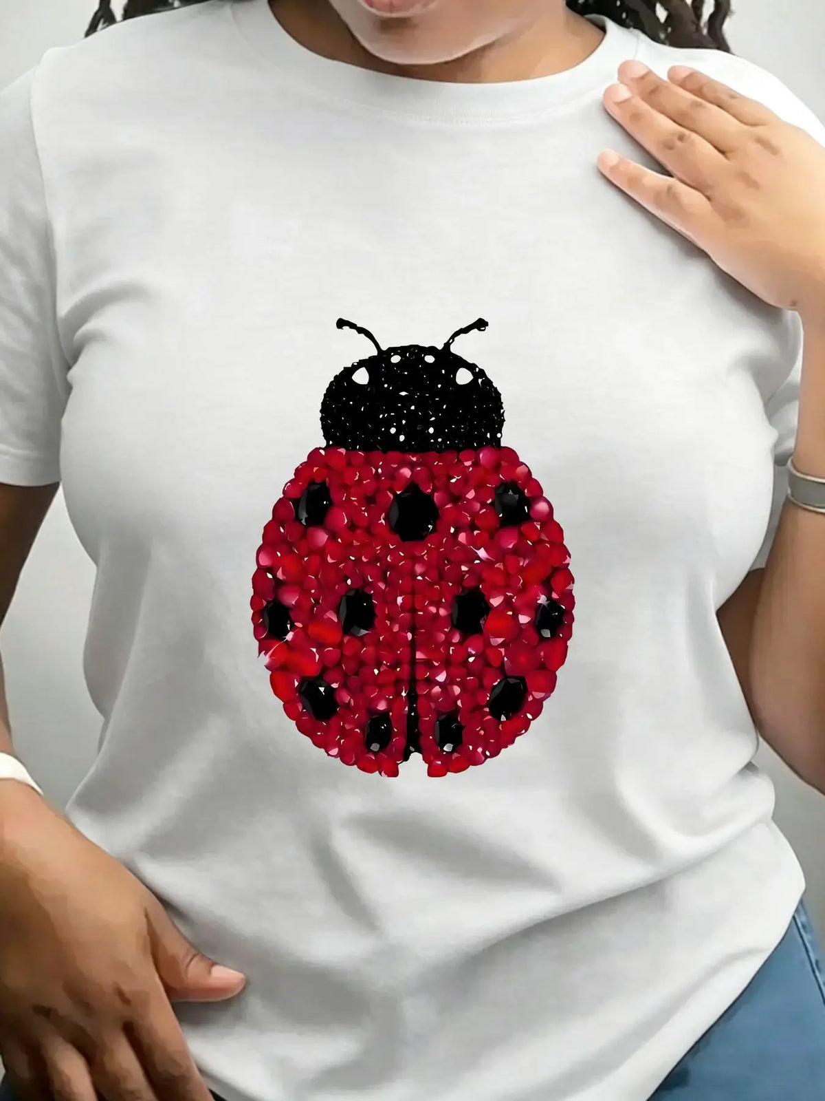 Women Cotton Crew Neck T Shirt Ladybug Rhinestone Print Top