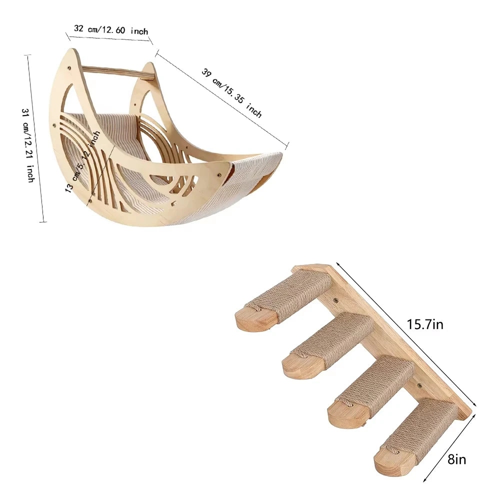 CWV Pine Wood Wall Mounted Cat Shelves With Moon Hammock
