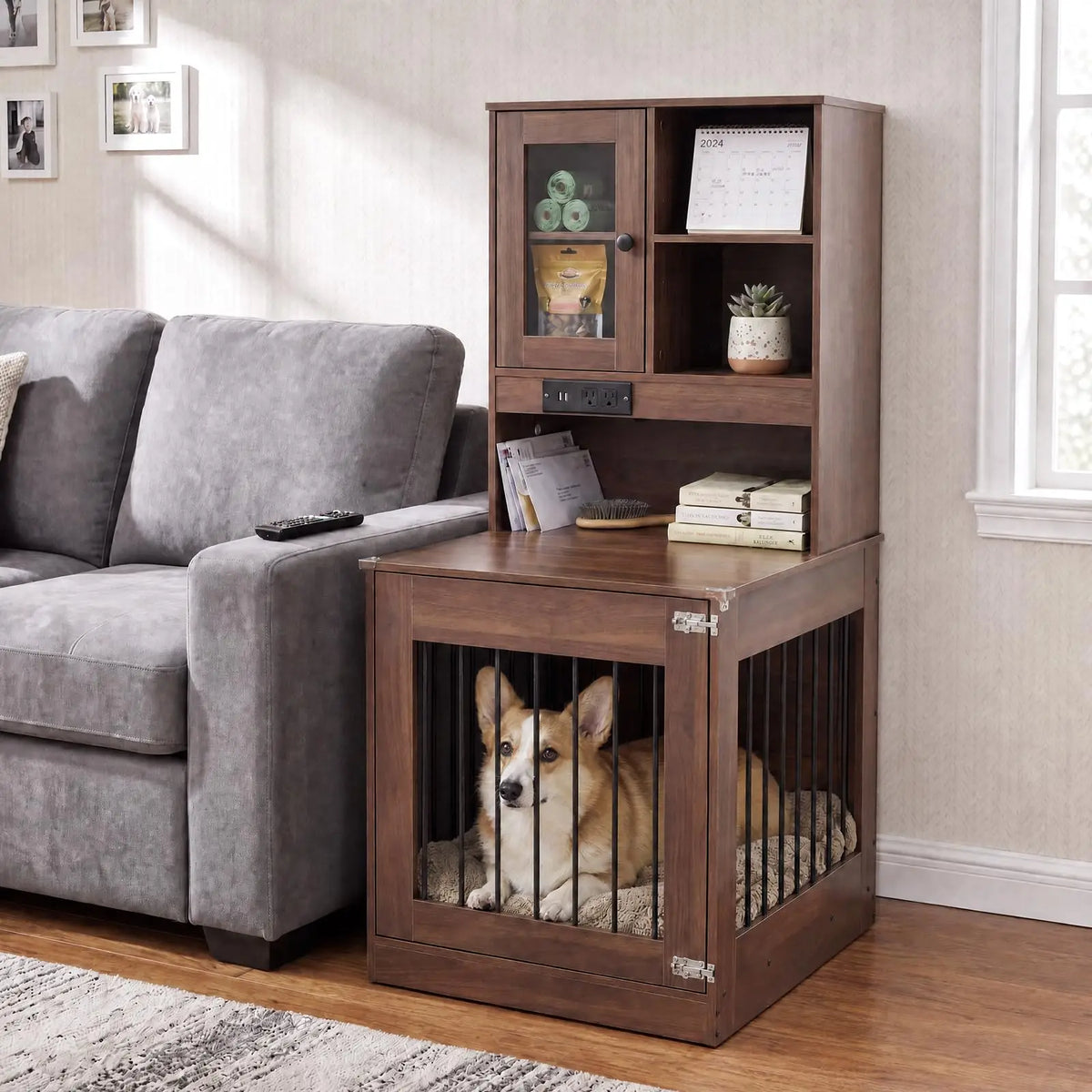 Compact Wooden Dog Crate Furniture With Side Table Design