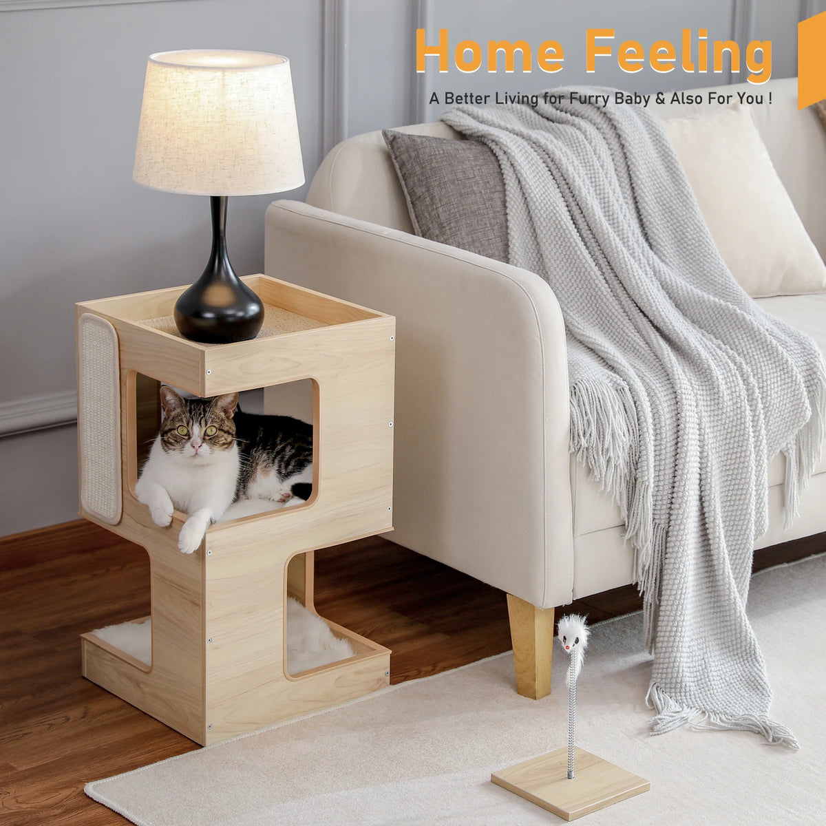 PAWZ Road Modern Wood Cat Condo House With Scratching Pad