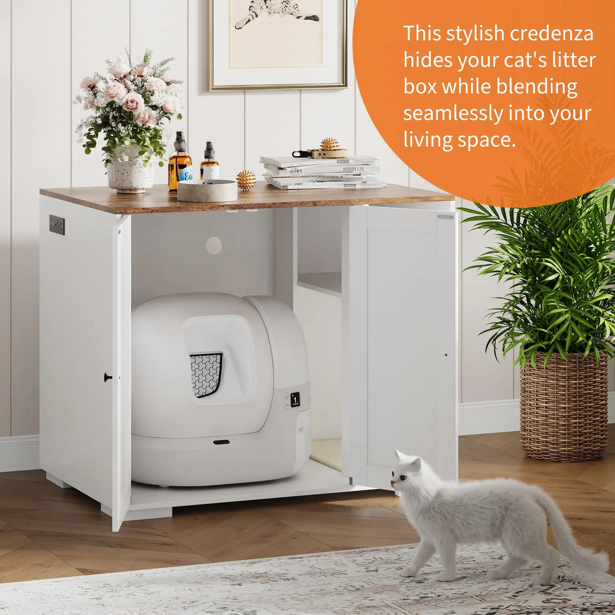 HiMISS Wooden Cat Litter Enclosure With Power Outlet And Collector