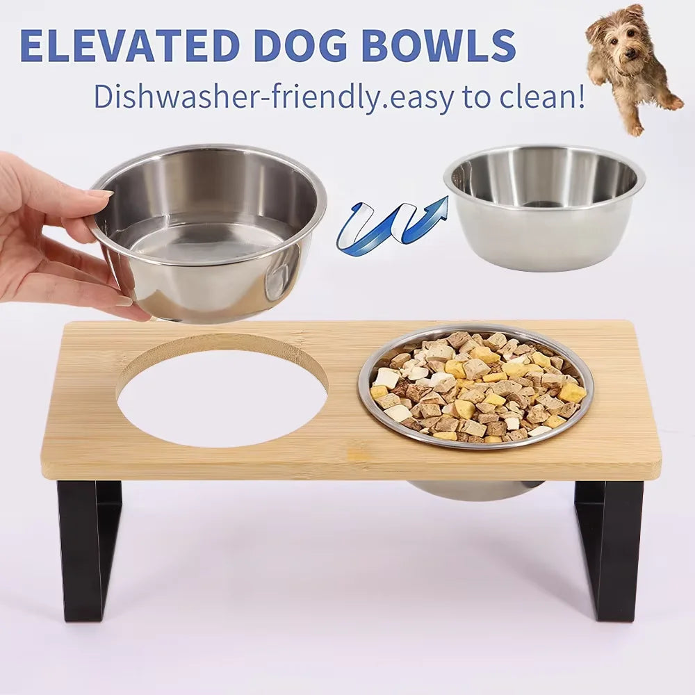 Elevated Cat Food Bowls With Wooden Stand And Steel Dishes