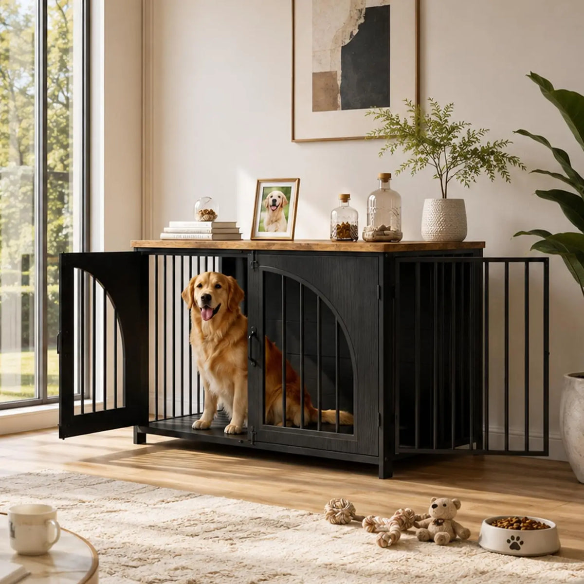 Secure Indoor Dog Crate Furniture With Lockable Arched Door