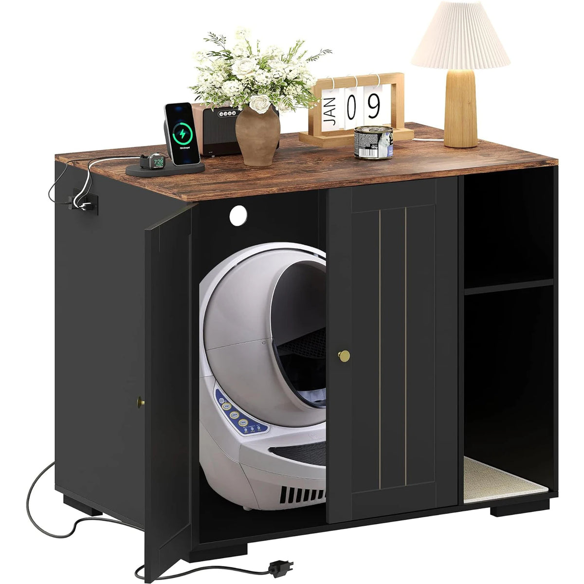 HiMISS Wooden Cat Litter Enclosure With Power Outlet And Collector