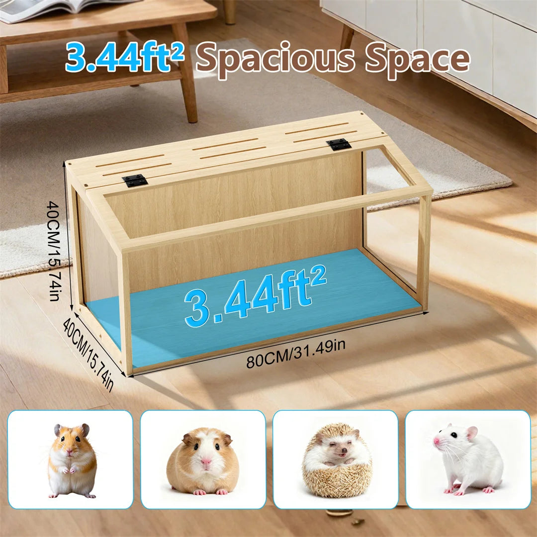 Sturdy Wooden Hamster Cage With Secure Glass Viewing Panels