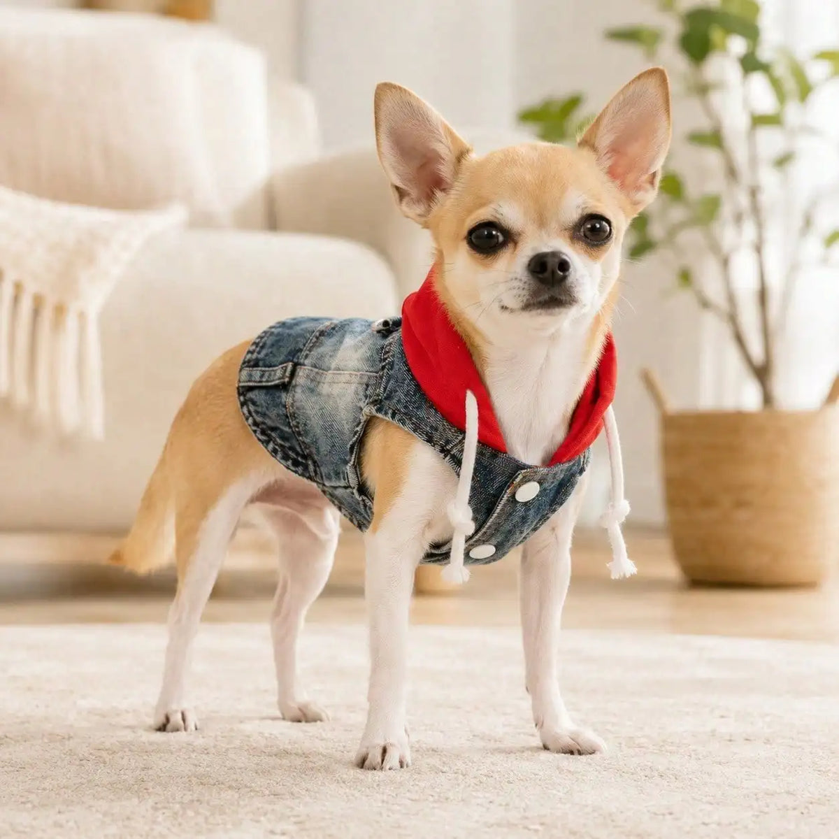 One Piece Denim Pet Hoodie With Drawstring For Pets