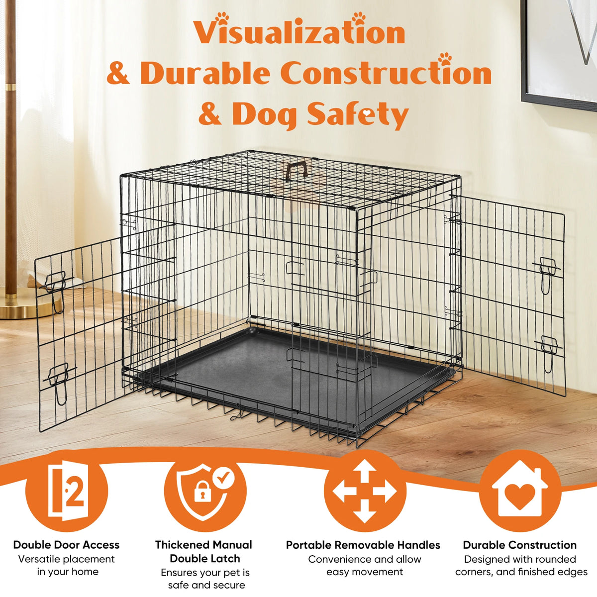 Jhk Foldable Metal Wire Dog Cage With Leakproof Pan Tray