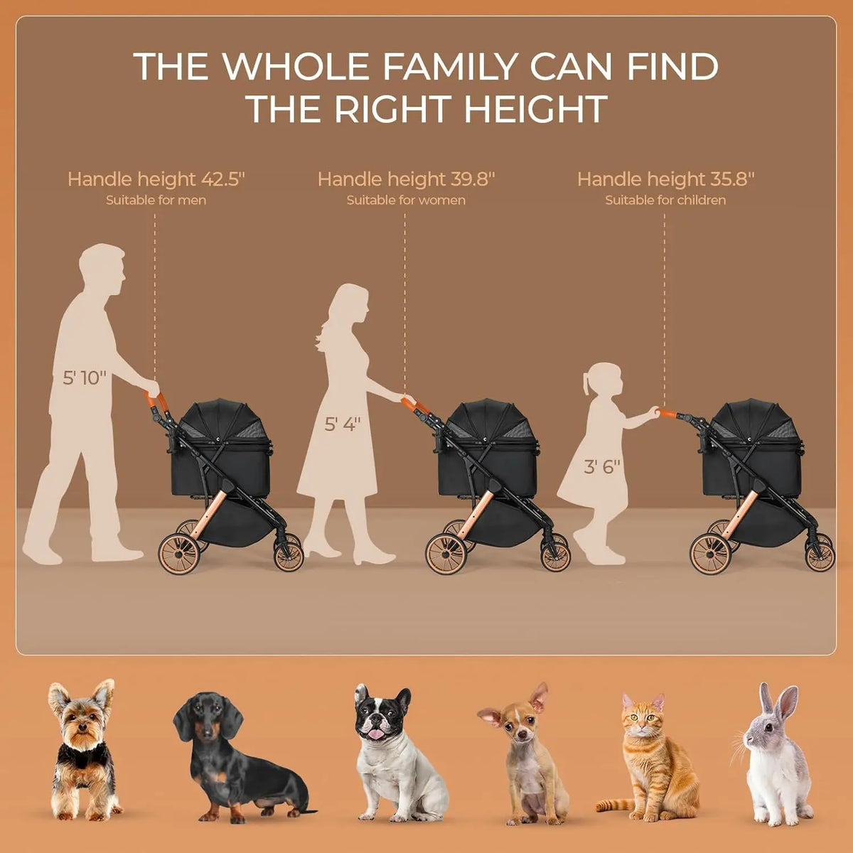 Foldable Pet Stroller With Adjustable Sun Shade And Shock Absorbers