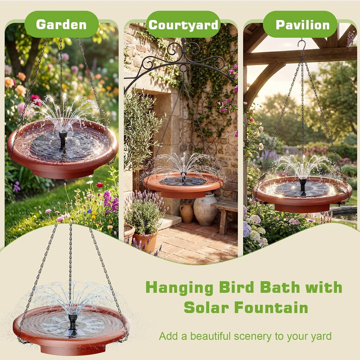 Hanging Solar Bird Bath With Integrated Fountain And Stepping Rungs
