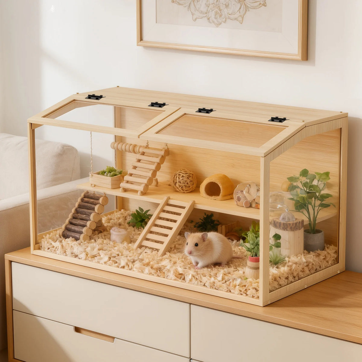 Natural Wooden Hamster Cage With Dual Door And LED Light